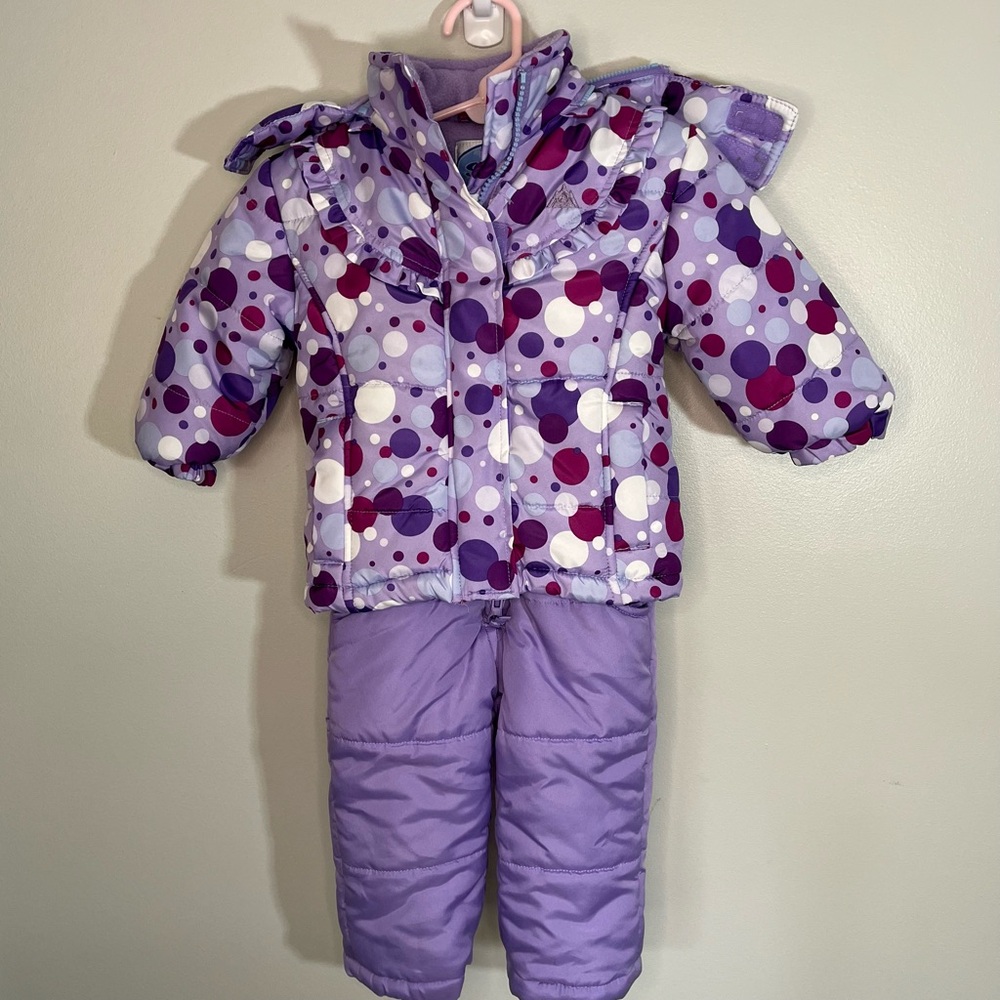 Snozu Purple Dot Puffer Jacket & Snow Pants Set snowsuit sz 12 Months baby girl.